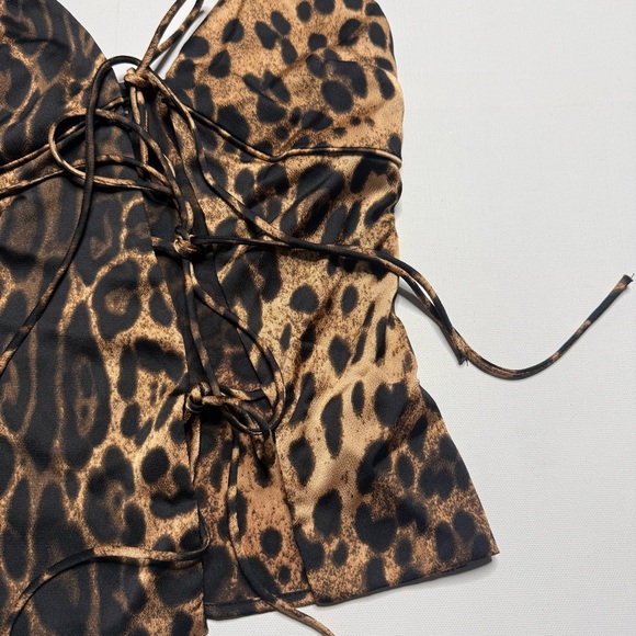 Y2K Leopard Print Asymmetrical Side Front Tie Top Rave Club Satin Cami - Picture 3 of 4